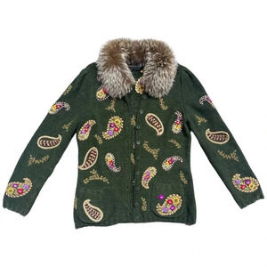 Vintage Rena Lange Cardigan Handmade Knit Embroidered Floral Paisley Fur Collar